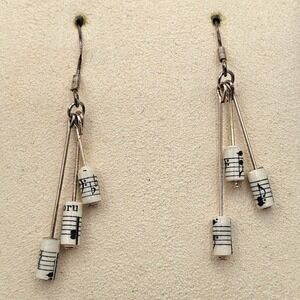 Sheet Music Paper Bead Dangle Earrings 2" Sterling Silver 925 Musical Notes